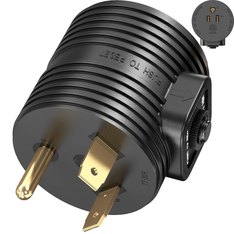 YAKADE محول 30A إلى 110 NEMA TT-30P قابس ذكر إلى NEMA 5-15R مأخذ أنثى مع قاطع تيار بقدرة 15A لتأريض الطاقة المنزلية إلى RV كامبر مدرج من ETL - Image 1
